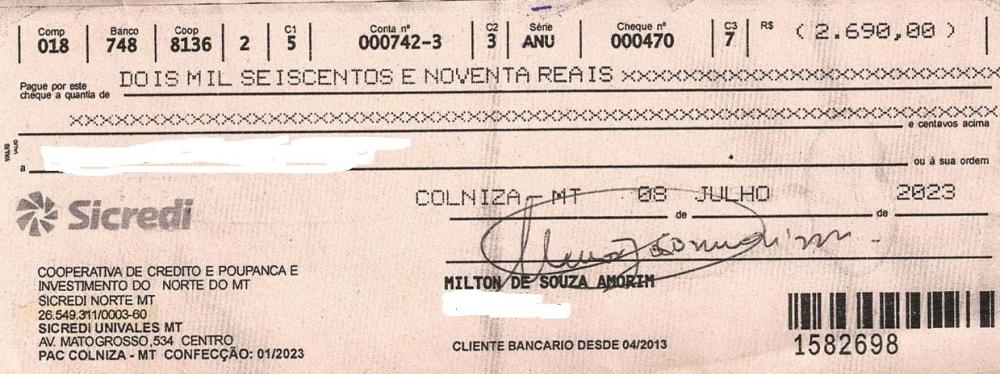 GOLPE! Cheque falso em nome do prefeito de Colniza é passado na cidade